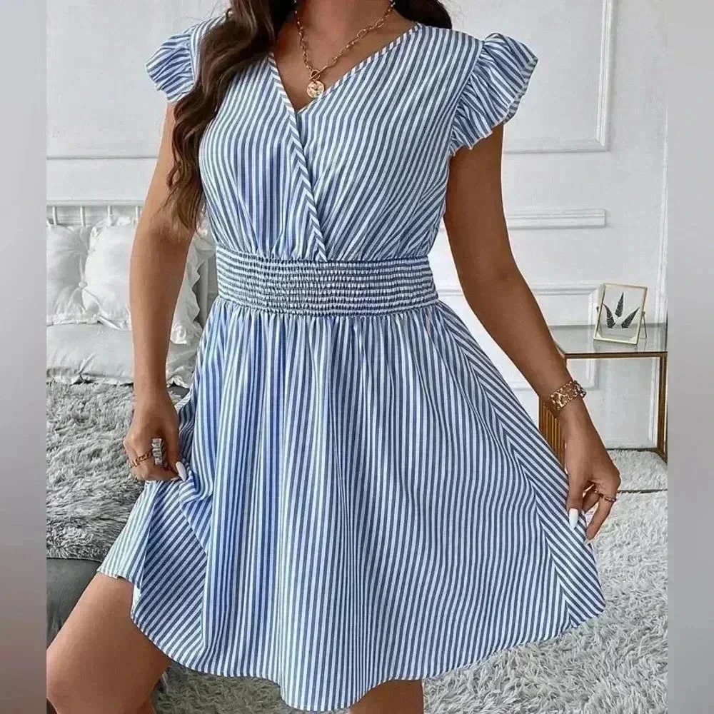 Striped Blue &‎ White Flutter Sleeve  Dress with Smocked Waist V-Neck Casual B1